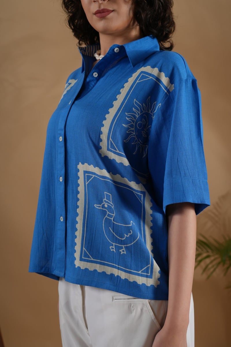 Blue Linen-Cotton Boxy Placement Printed Shirt
