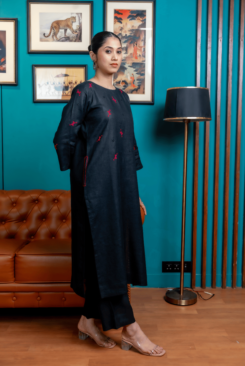 Black Linen Straight Kurta Set with Contrast Embroidery