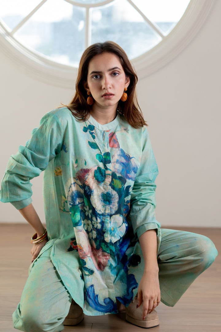 Aqua Green Printed Shirt and Pant Co-ord Set