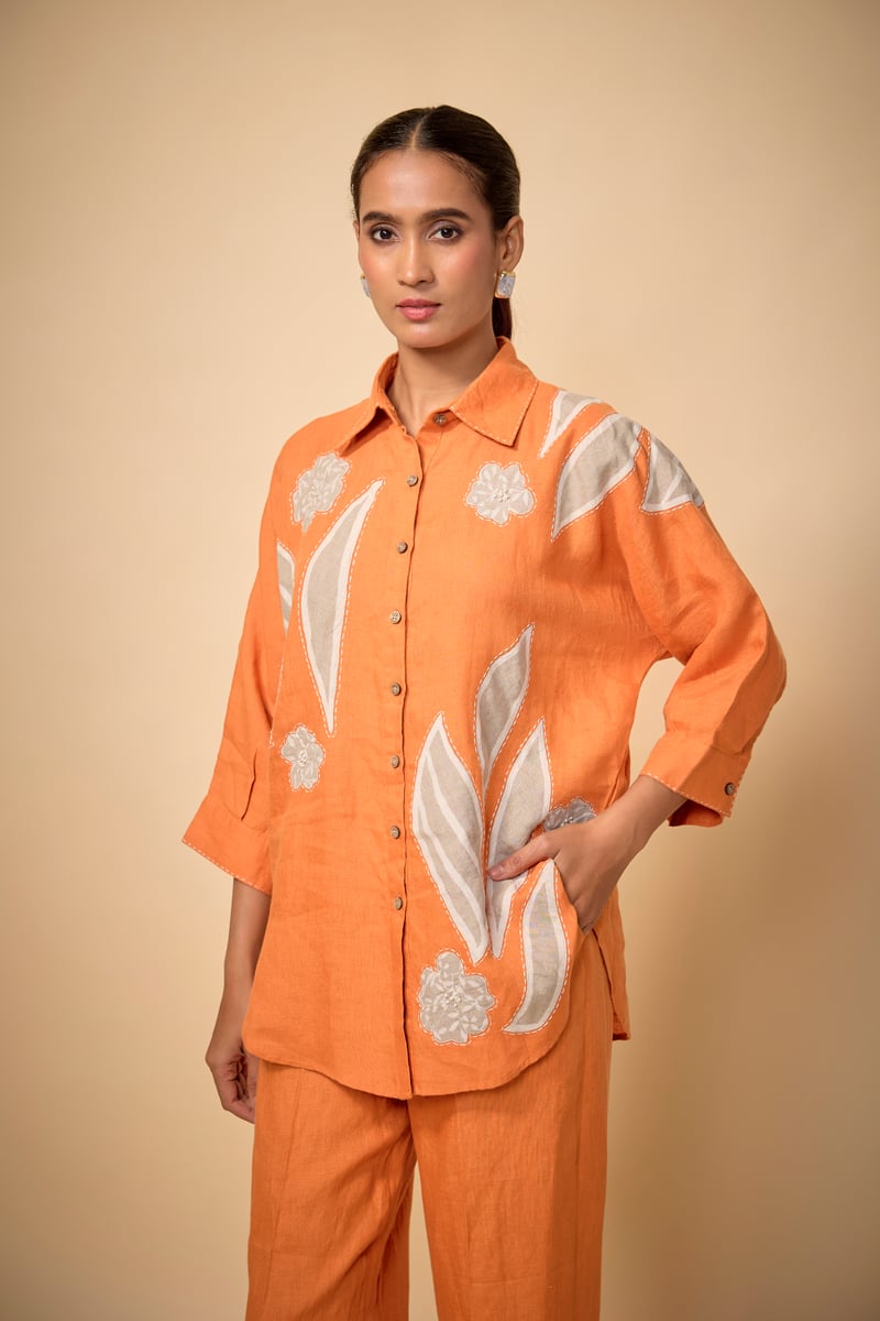 Orange Linen Shirt and Straight Pants Co-ord Set — Linen Bloom