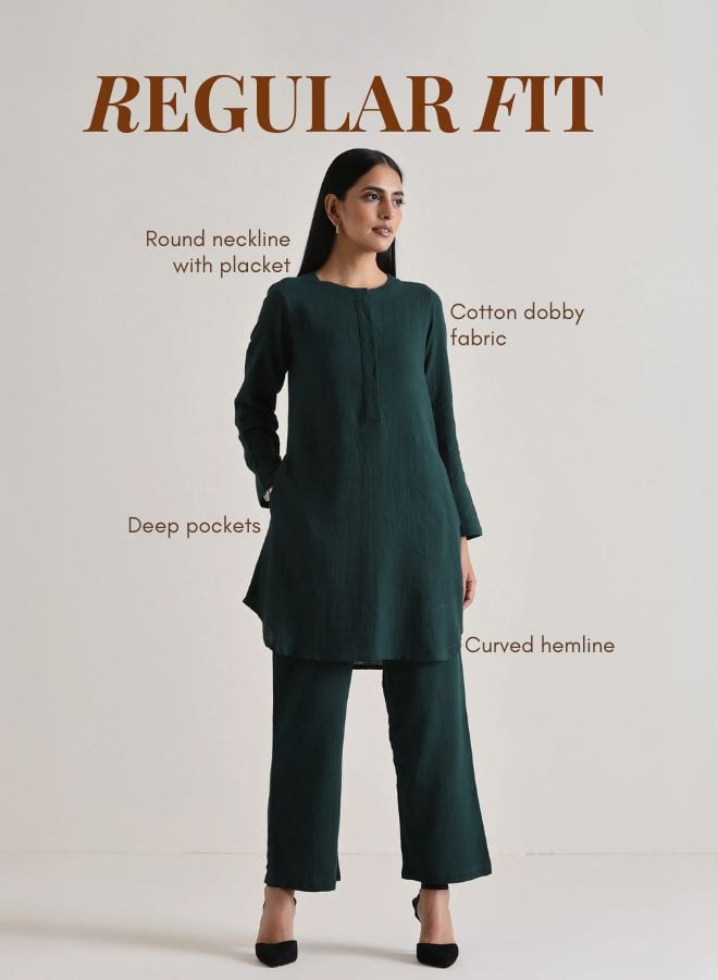 Dark Green Cotton Dobby Co-ord Set with Front Placket