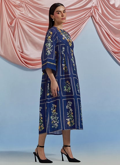 A.F Blue Floral Printed A-Line Kurta with Pleats