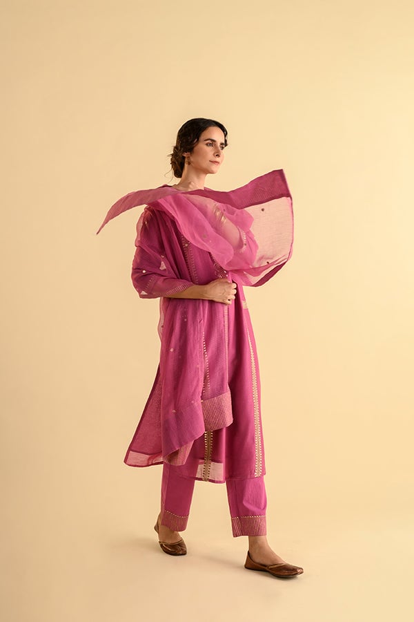 Pink Purple Gota Work Chanderi Straight Suit Set
