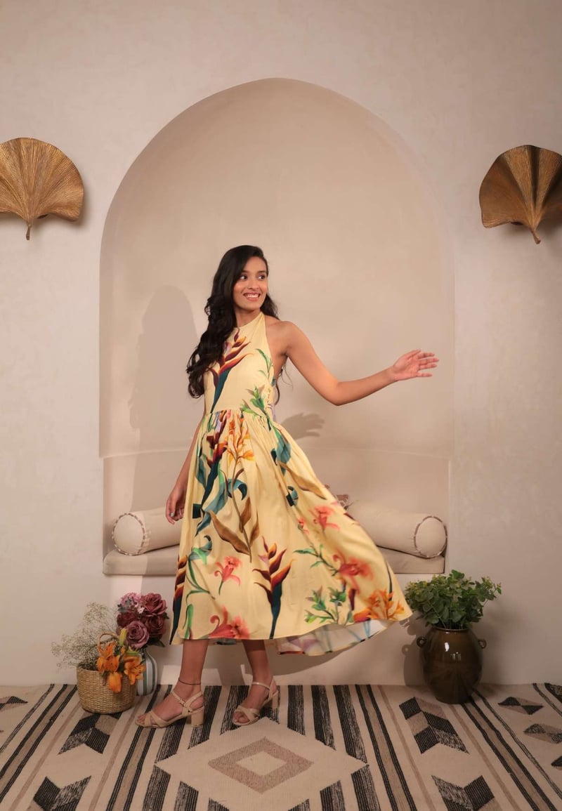 Yellow Floral Halter Tie-Back Midi Dress