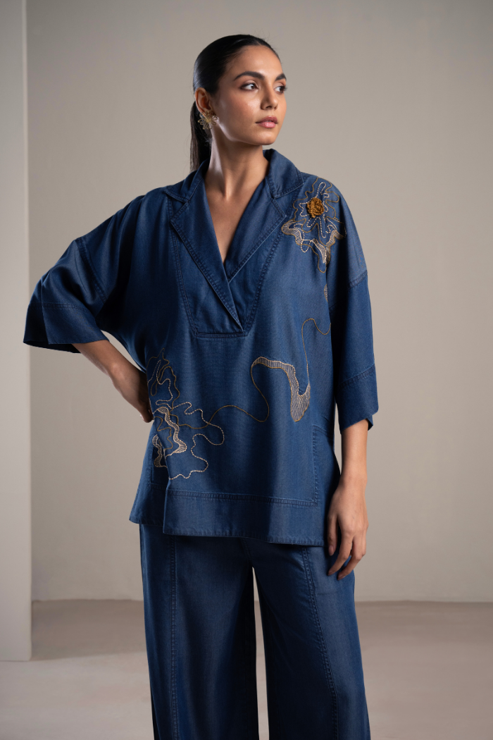 Blue Anti-Fit Lapel Shirt and Wide-Leg Pants Co-ord Set