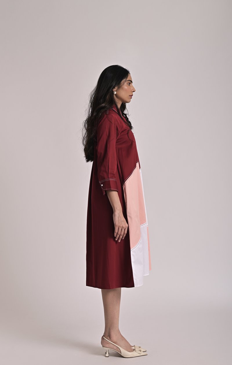 Multicolor Diagonal Colorblock Midi Shirt Dress