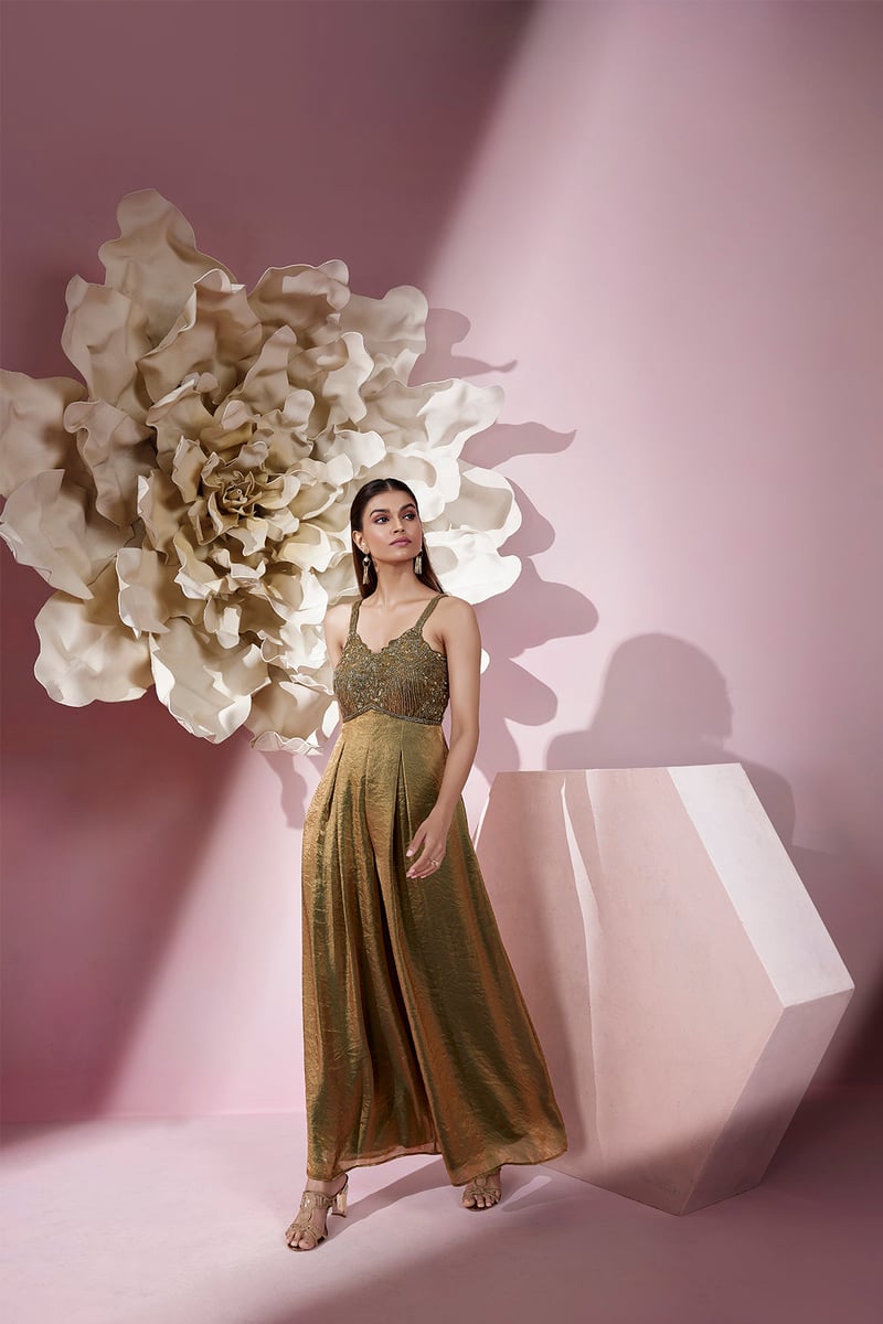 Olive Green Shimmer Tissue Embellished Wide-Leg Jumpsuit