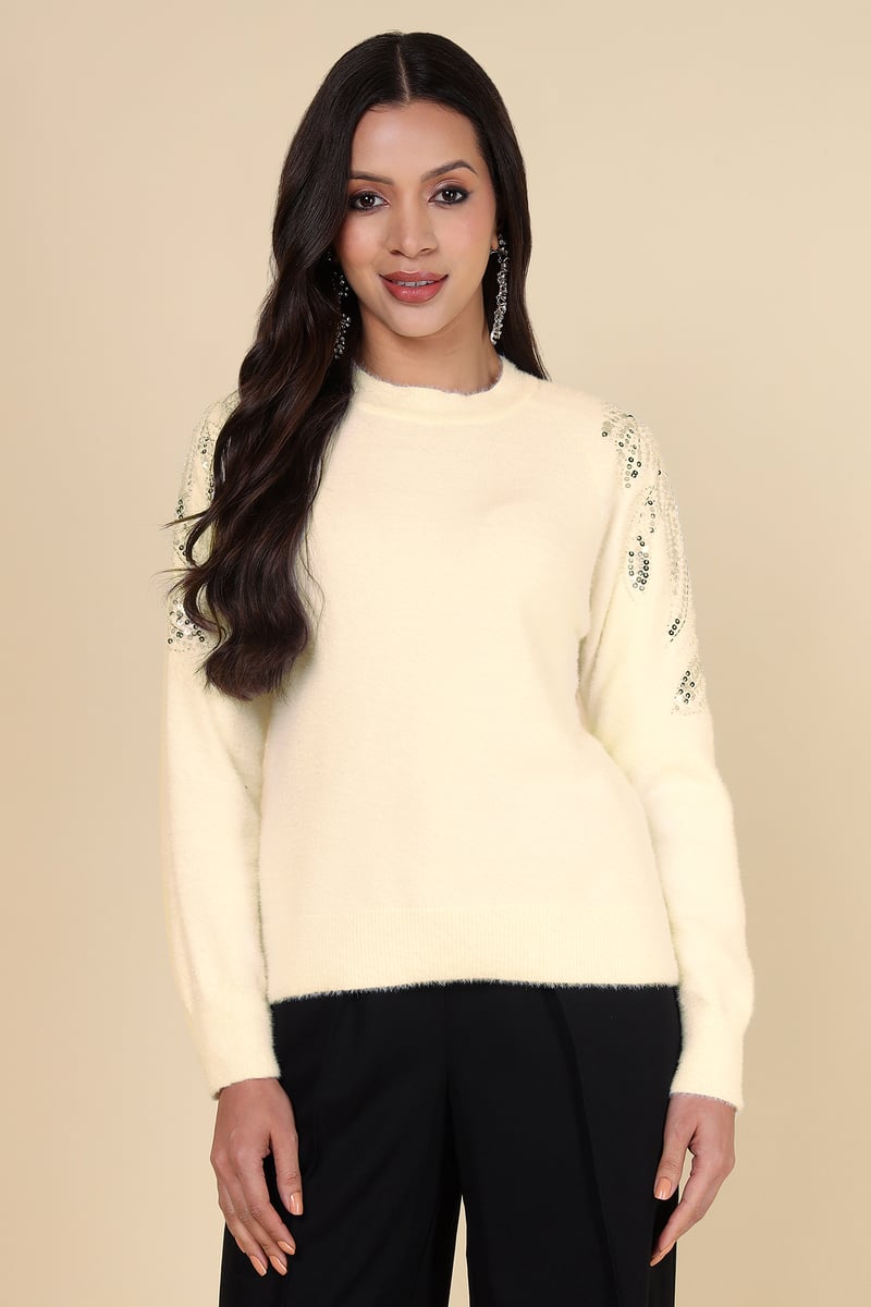 Ivory Sequin Sleeve Round Neck Pullover Sweater