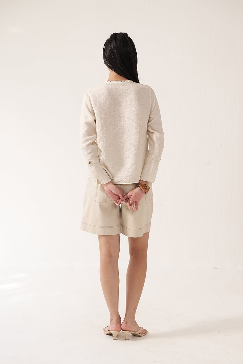 Beige Button-Front Top and High-Waist Shorts Co-ord Set