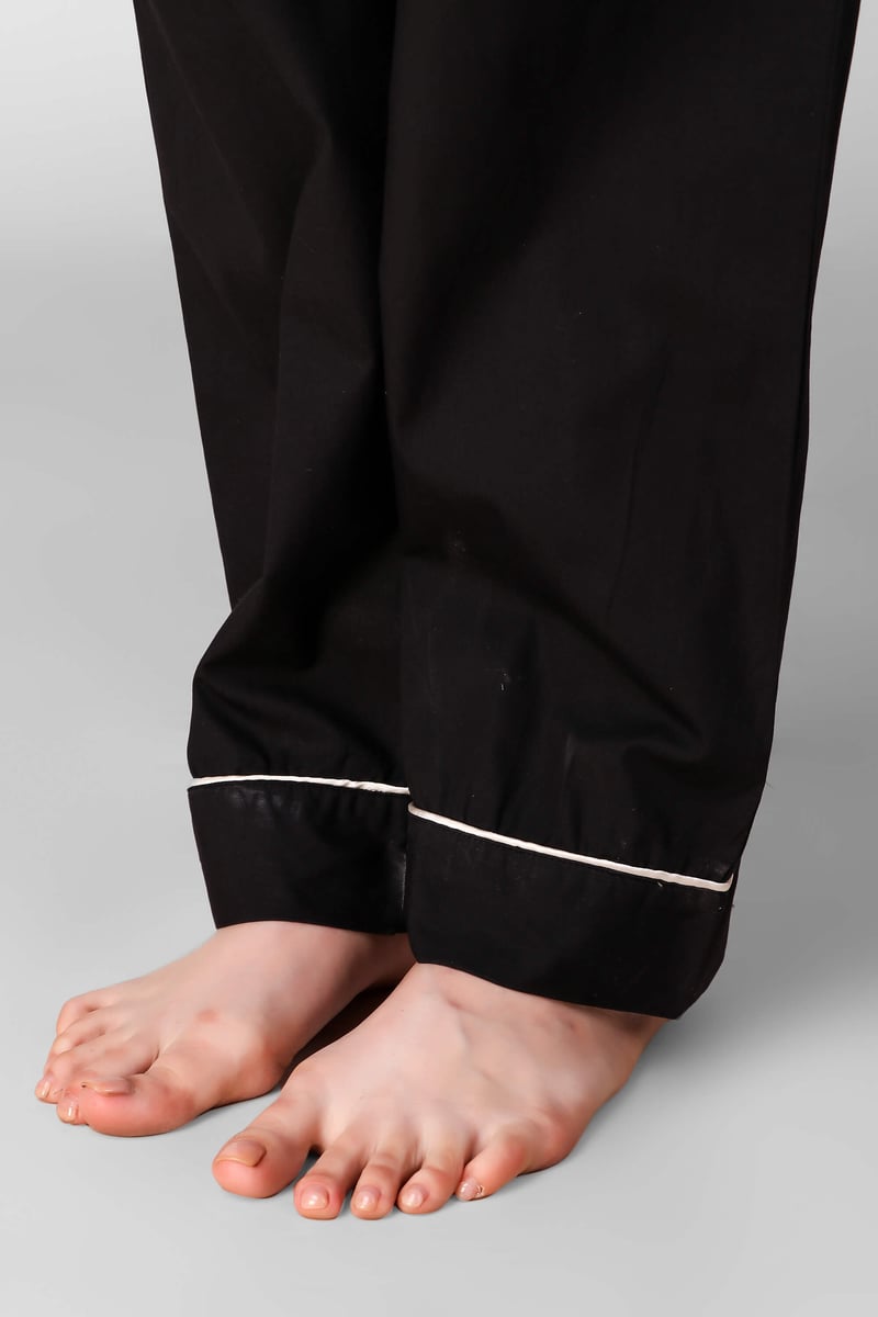 Black Cotton Poplin Pyjama Suit Set with Contrast Piping
