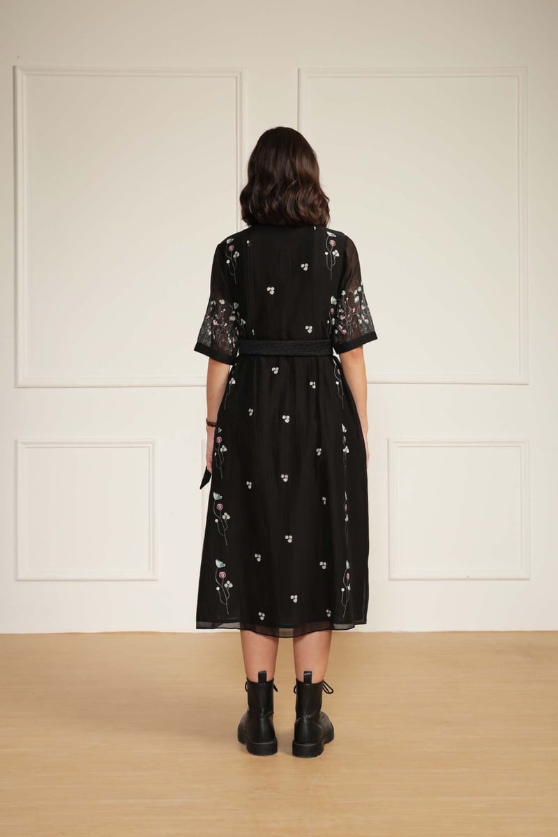 Black Cotton Chanderi Block Print Pleated Midi Dress