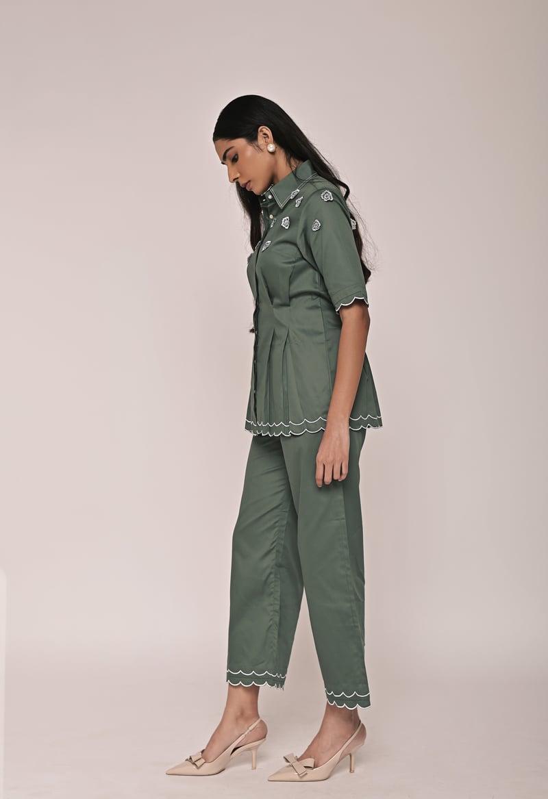 Light Green Scallop Hem Shirt and Wide-Leg Pants Co-ord Set