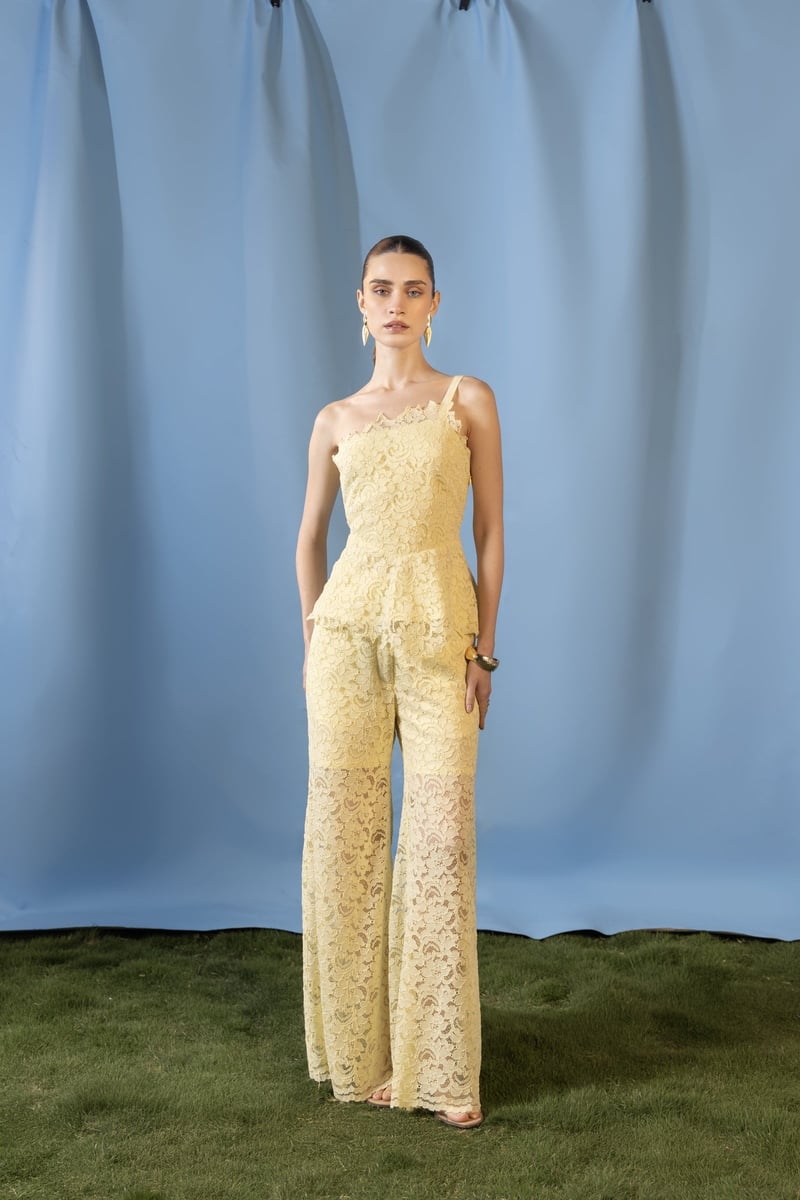 Butter Yellow One-Shoulder Lace Co-ord Set