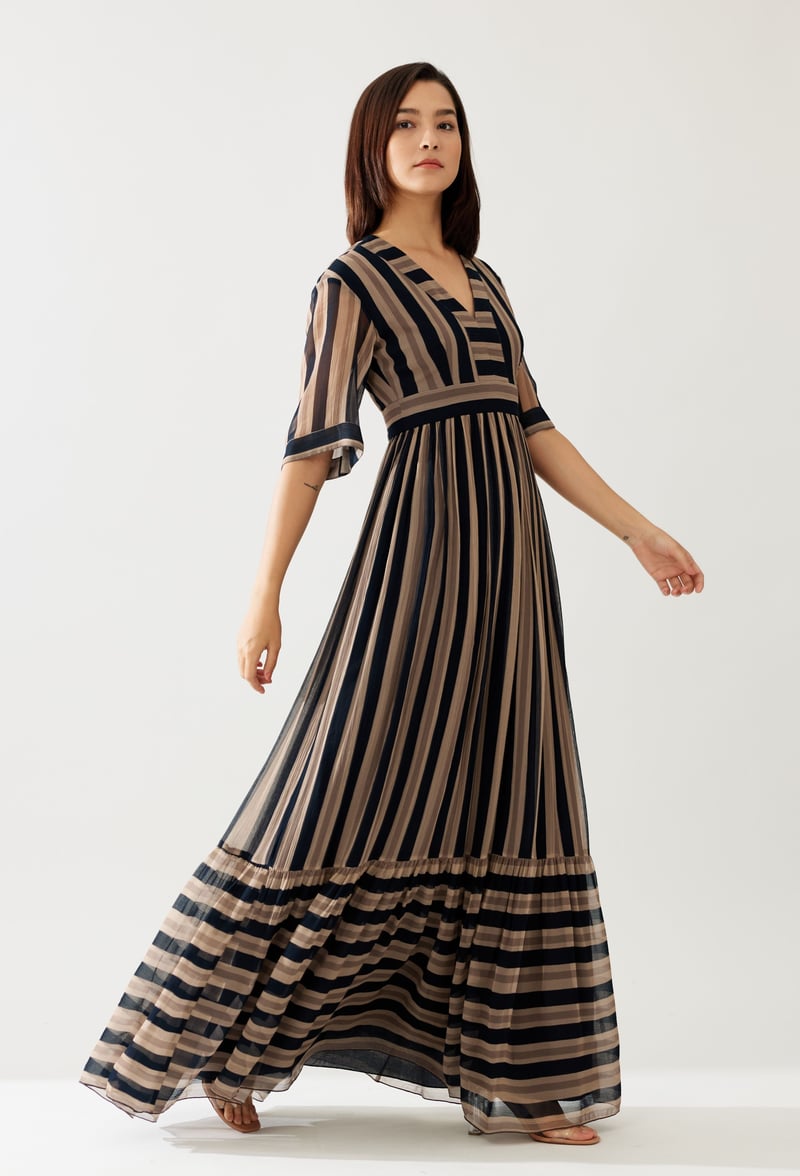 Dark Green And Beige Stripe Long Dress