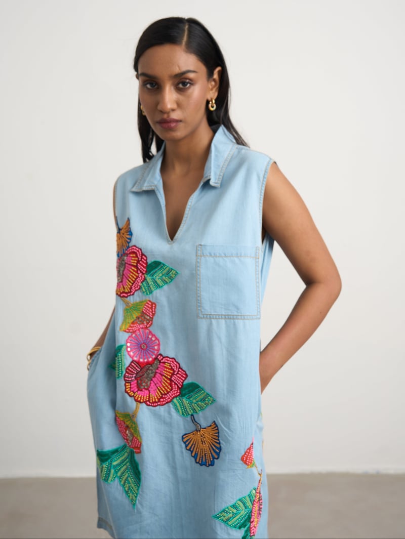 Blue Denim Sleeveless Collared Dress with Floral Embroidery