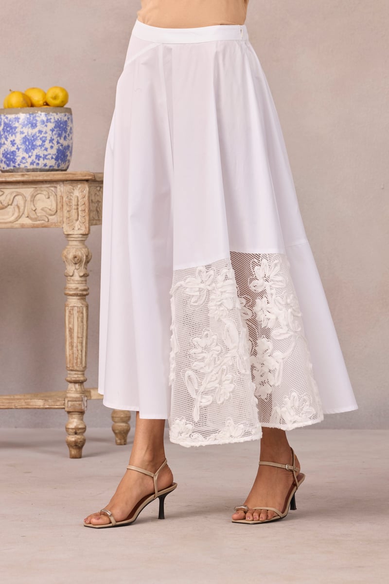 Bright White Panelled Flared Midi Skirt with Floral Applique