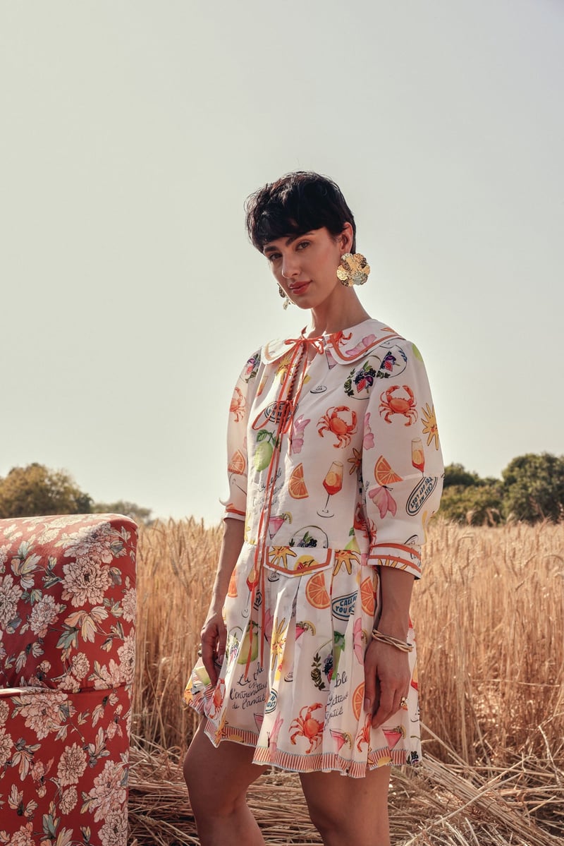 Blush Pink Printed Silk Mini Dress with Peter Pan Collar