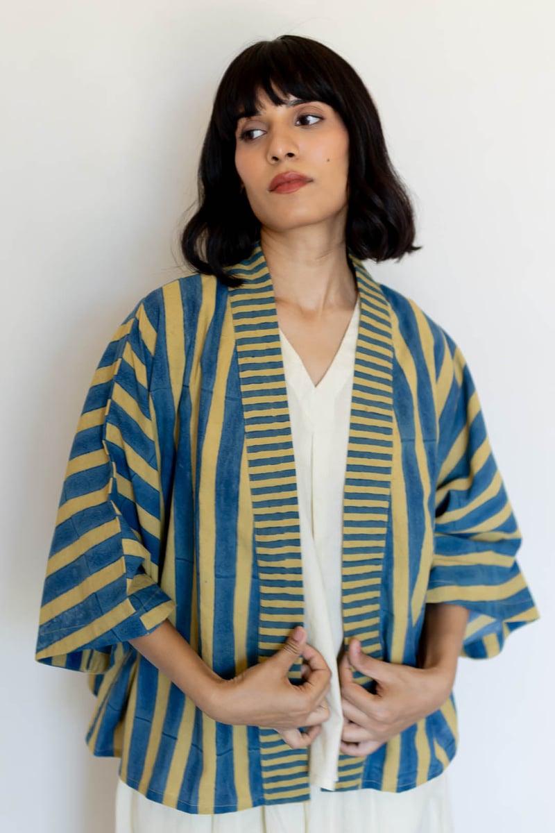 Mustard and Blue Striped Cotton Cape Shrug