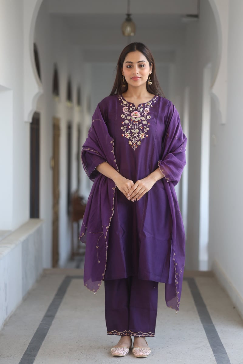 Purple Embroidered Chanderi Straight Kurta Set with Dupatta