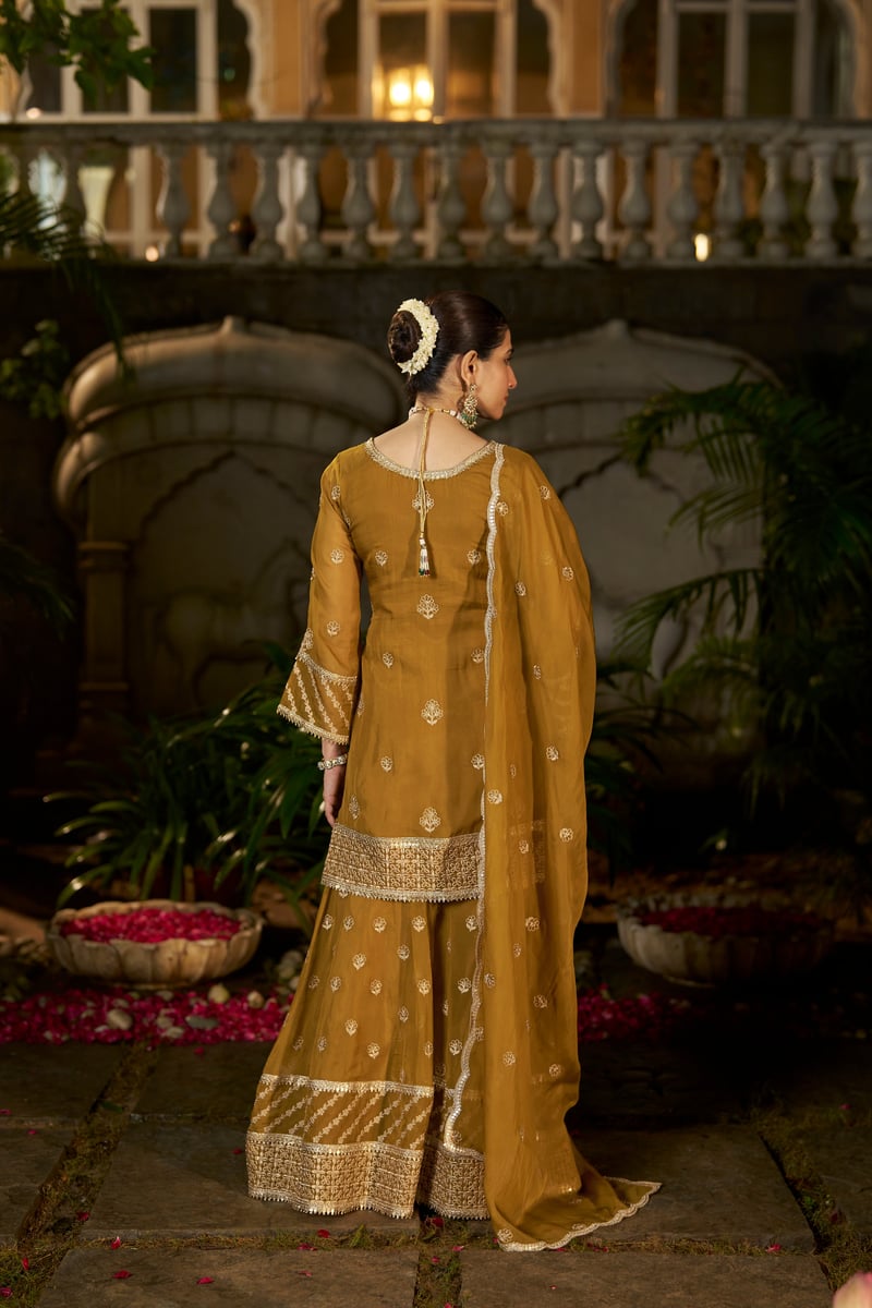 Yellow Organza Embroidered Kurta Sharara Set with Dupatta