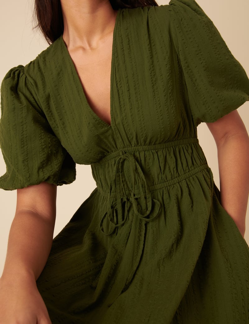 Khaki V-Neck Puff Sleeve Shirred Waist Midi Dress