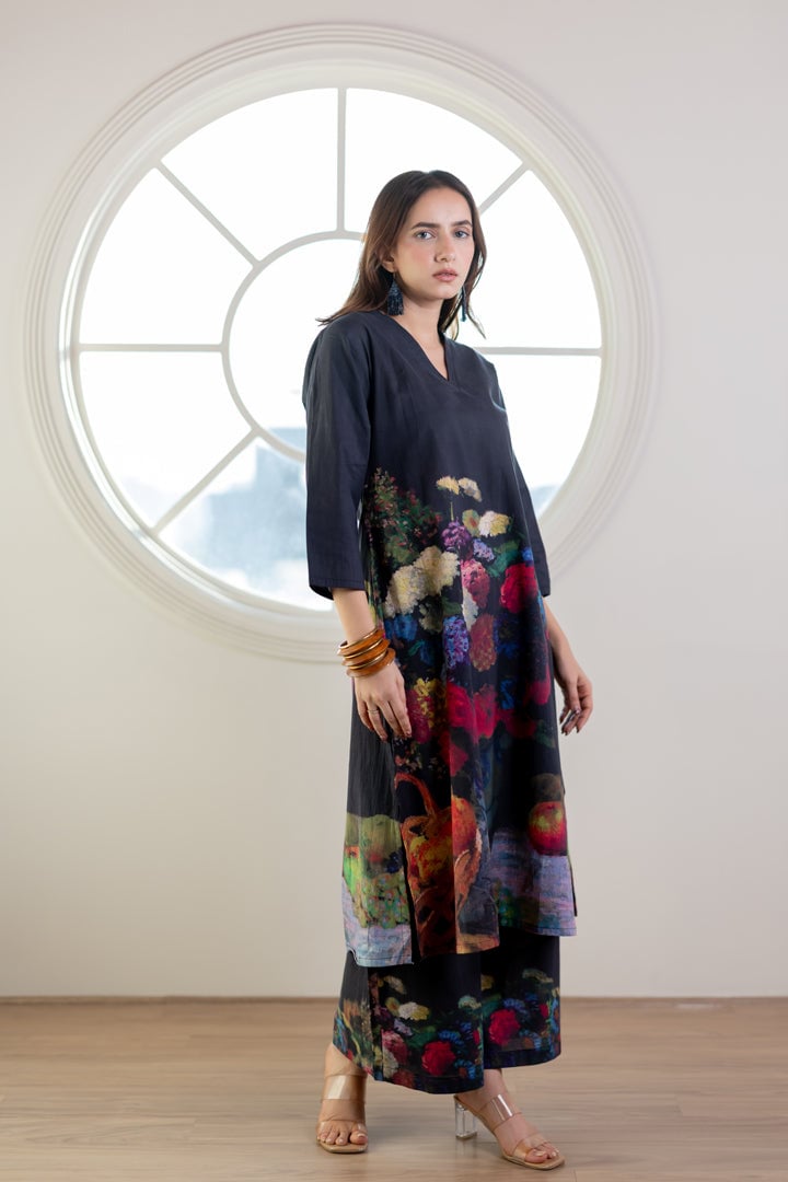 Black Printed A-Line Kurta Set with V-Neck