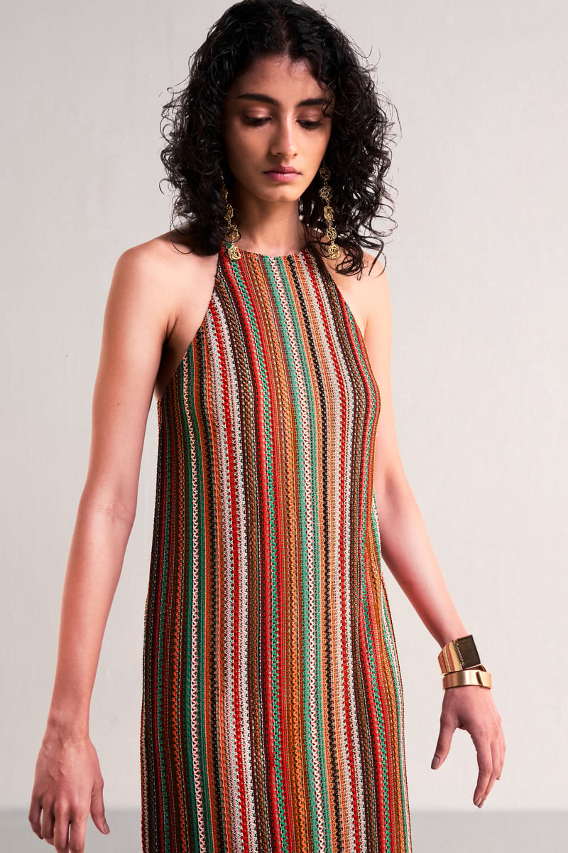 Multicolour Halter Neck Fringe Crochet Knit Midi Dress