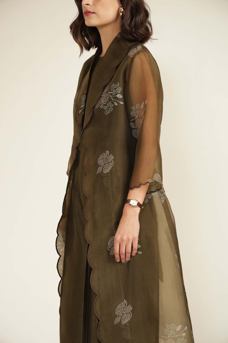 Olive Silk Chanderi Culotte Jumpsuit with Organza Jacket
