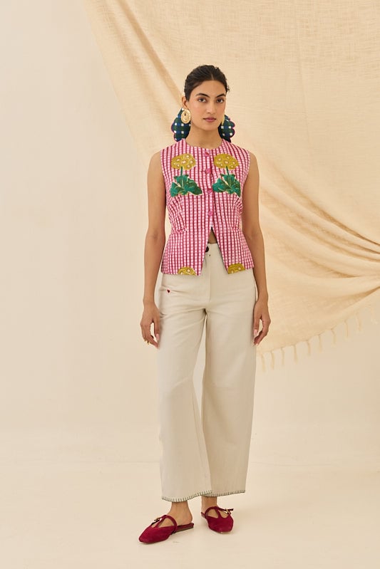 Multicolor Floral Block Print Cropped Waistcoat