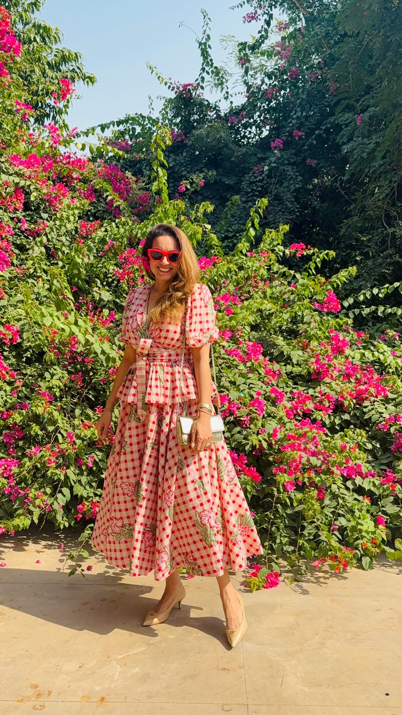 Red Gingham Floral Fit and Flare Midi Dress