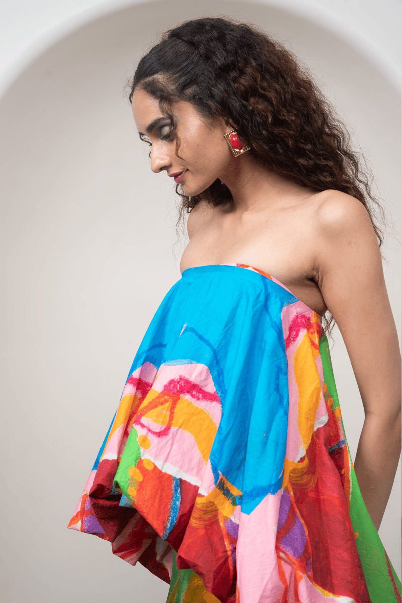 Multicolor Off-Shoulder Bubble Top and Midi Skirt Co-ord Set