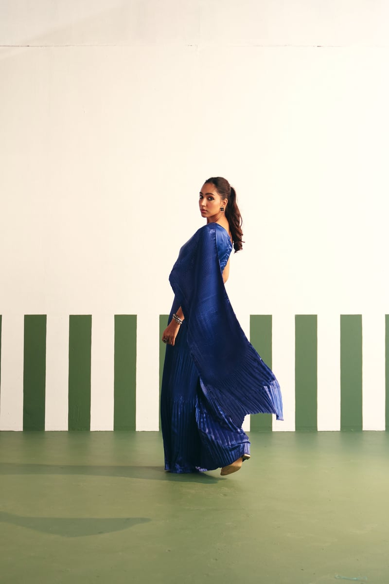 Cobalt Blue One-Shoulder Pleated Satin Drape Jumpsuit