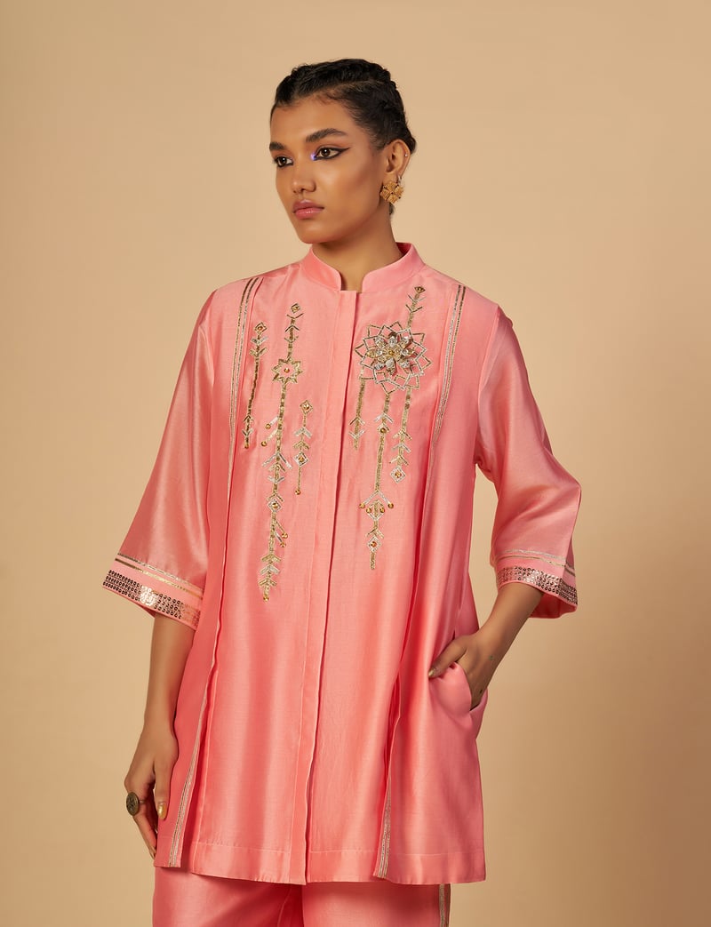 Pink Silk Chanderi Boxy Shirt with Gota and Sequin Work — Gulabo by Abu Sandeep