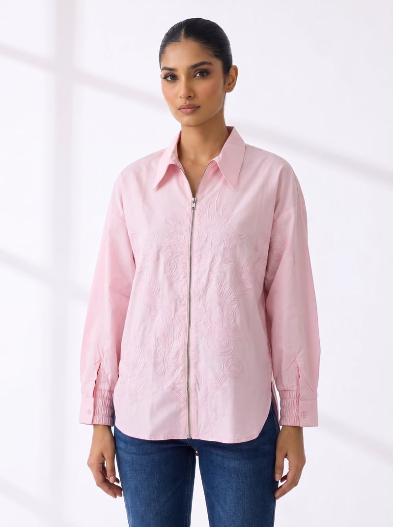 Baby Pink Zip-Front Embroidered Cotton Shirt — Ang-sa