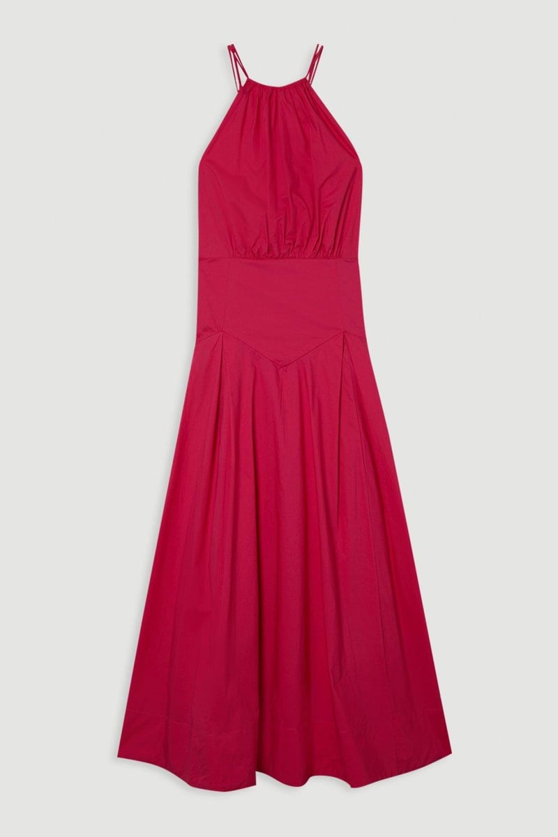 Hot Pink Cotton Halter Neck Midi Dress with Dropped Waist