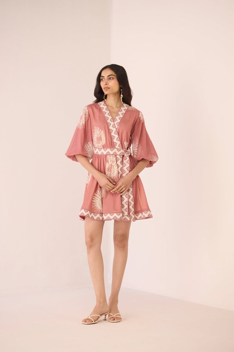 Nautilus Rose Cotton Wrap Mini Dress with Shell Print