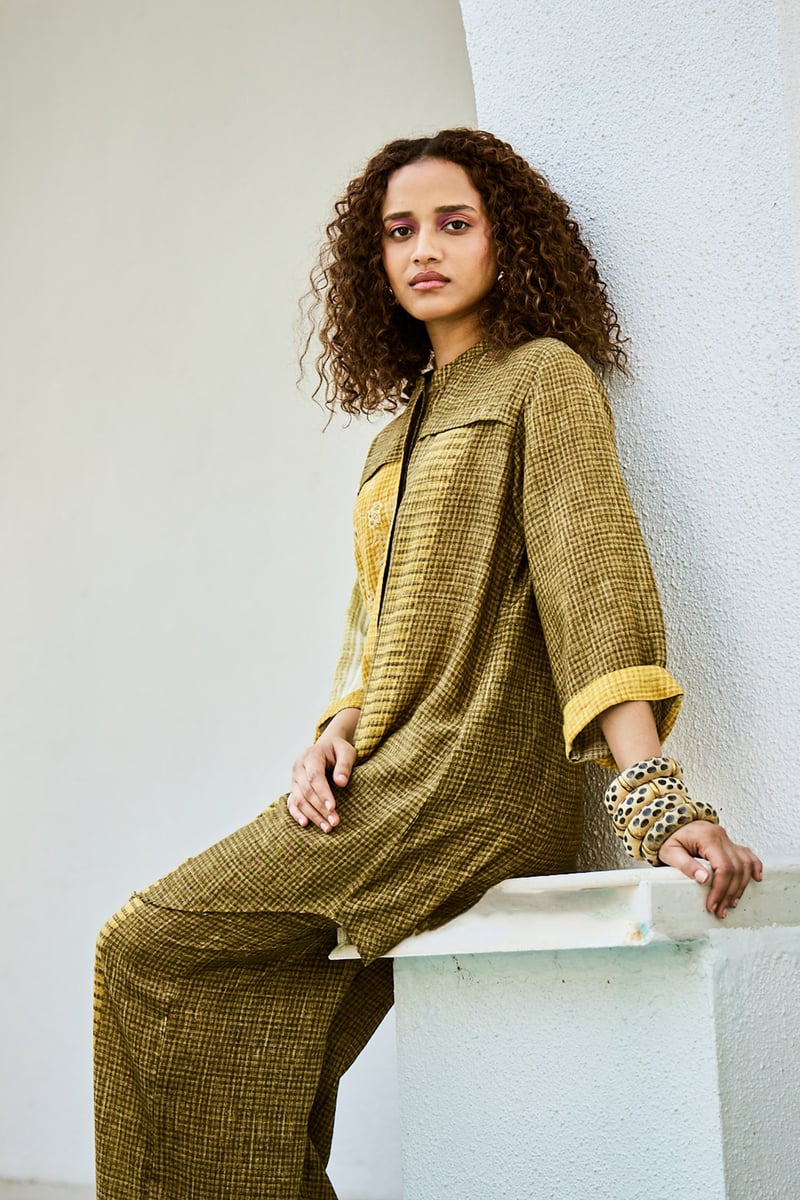 Yellow Linen Colorblocked Tunic and Wide-Leg Co-ord Set