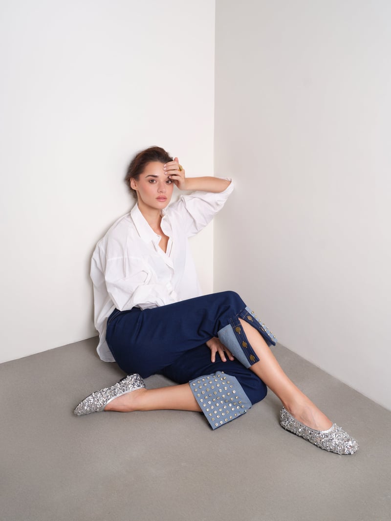 Dark Blue Straight-Leg Jeans with Crystal Turn-Up Cuffs