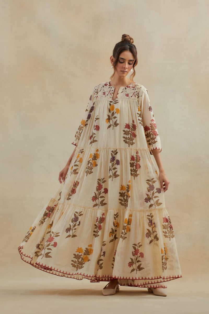 Beige Cotton Chanderi Three-Tiered Kurta Set