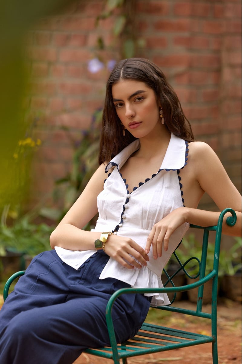 White Collared Peplum Top with Navy Scallop Trim