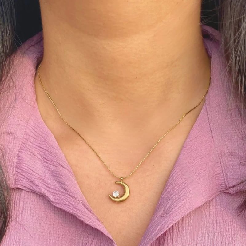 Statement Crescent Moon Zircon Necklace, Coral — Inaya Accessories