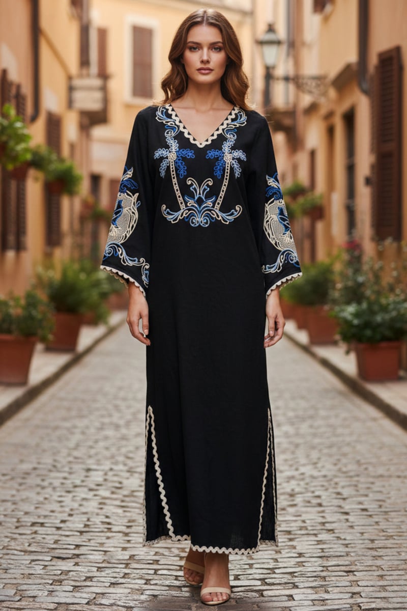 Black Linen Embroidered V-Neck Kaftan — BOHO-CHIC