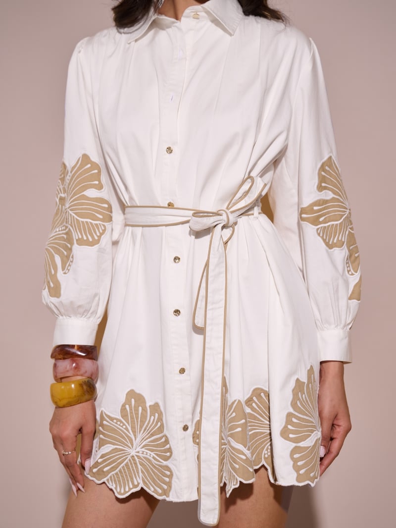 White Belted Floral Motif Mini Shirt Dress