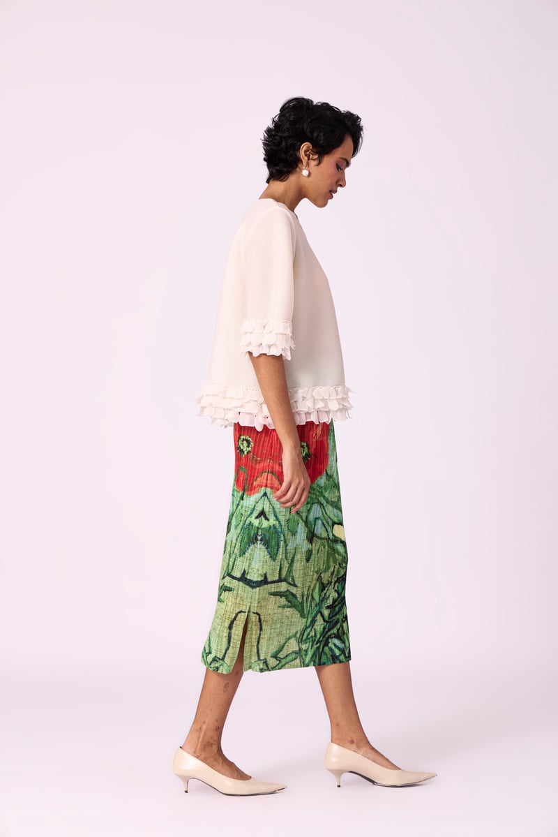 Ivory Pleated A-Line Top with Organza Scallop Hem