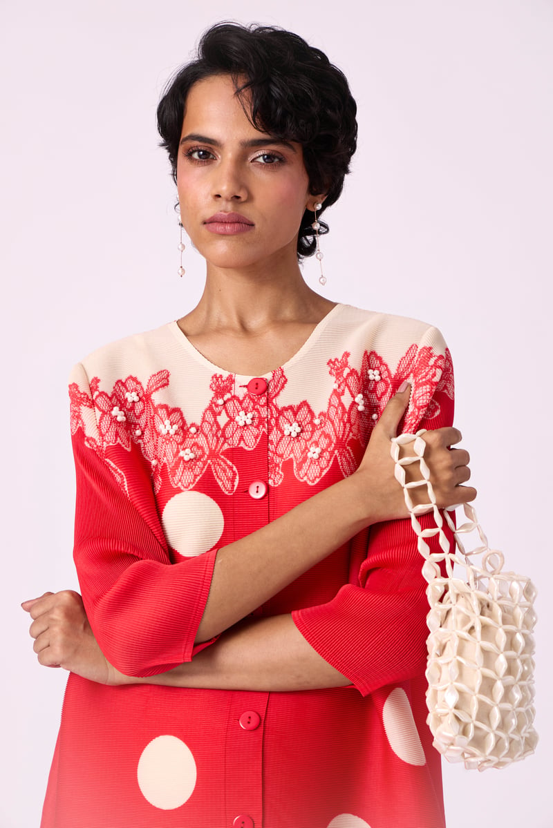Red Polka Dot Button-Front Knee-Length A-Line Dress