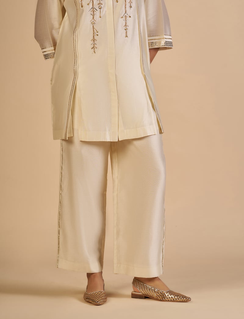 Off White Chanderi Wide-Leg Festive Trousers — Gulabo by Abu Sandeep