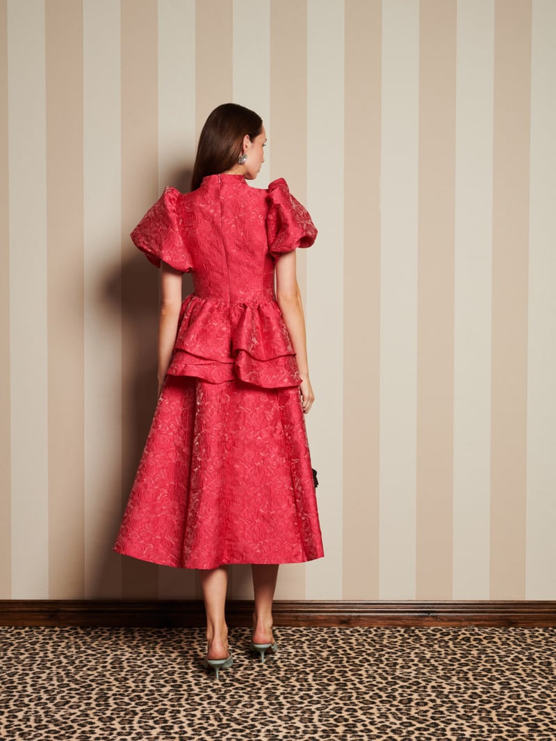 Pink Floral Jacquard Puff Sleeve Midi Dress