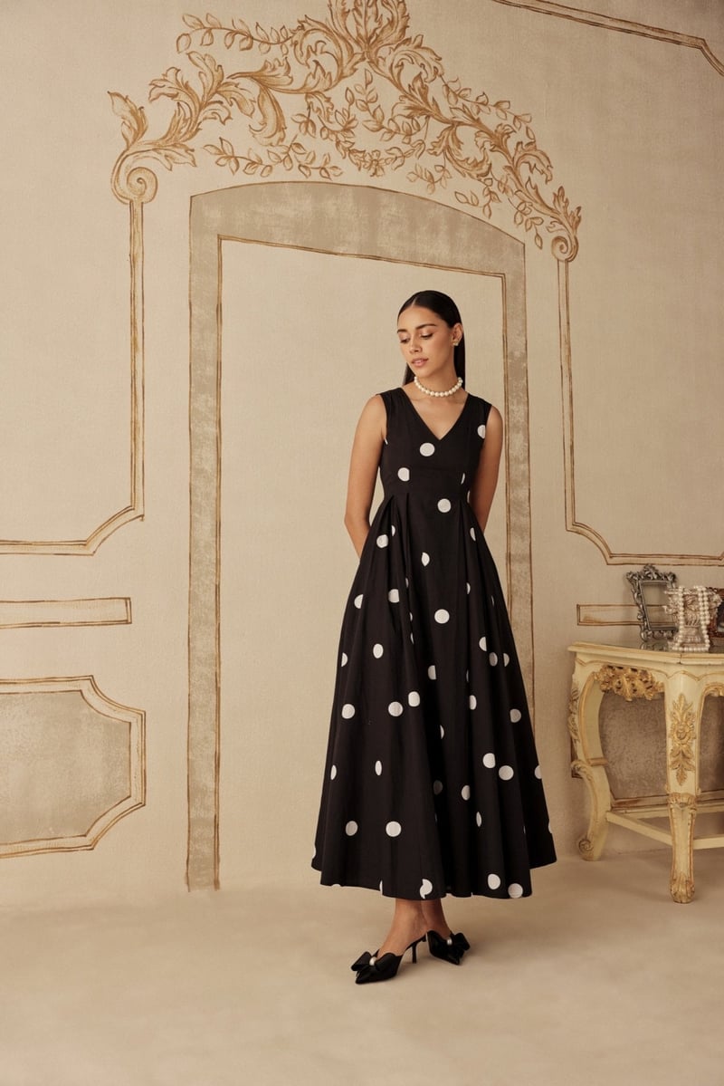 Black and White Polka Dot Fit and Flare Maxi Dress
