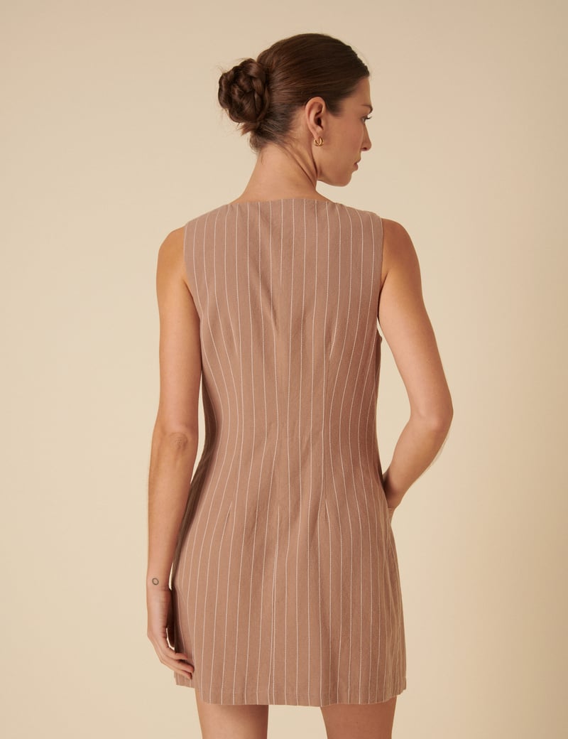Stone Pinstripe Button-Front Pinafore Mini Dress