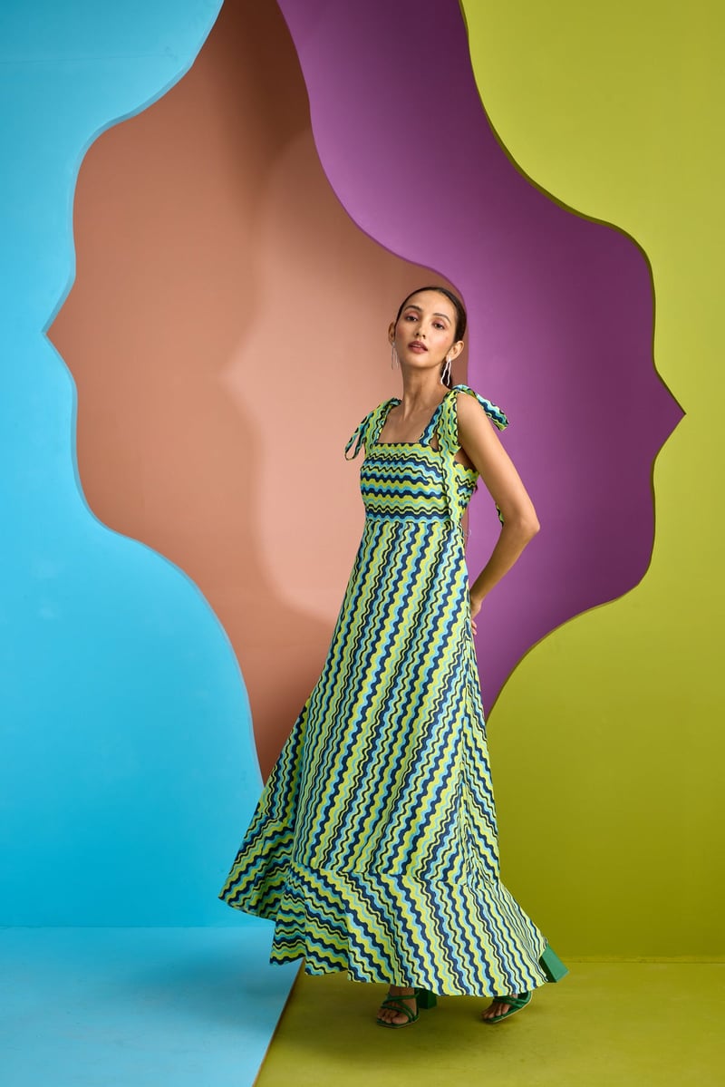 Blue-Green Abstract Wave Print Cotton Maxi Dress